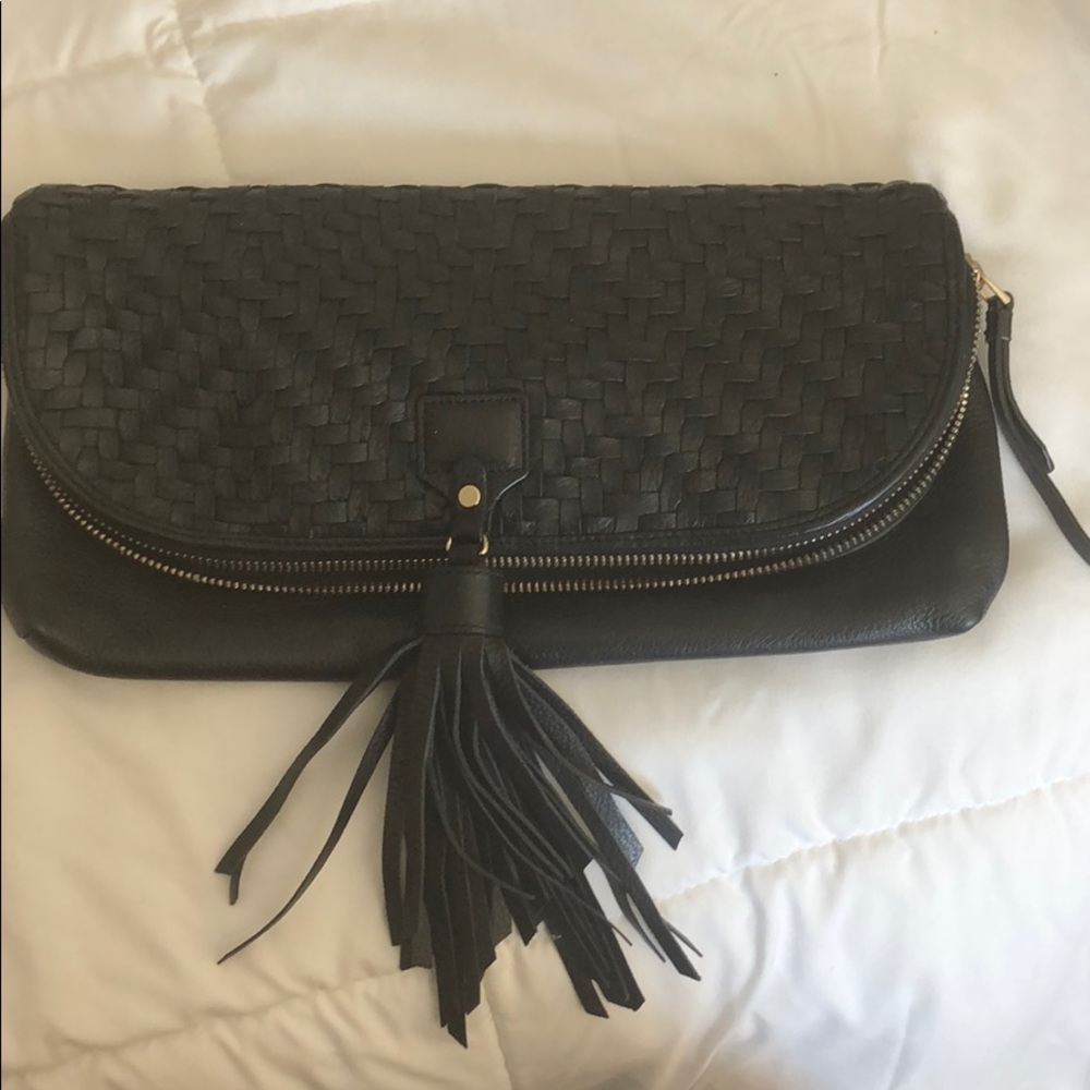 Cole Haan Black Leather Weave Basket Clutch